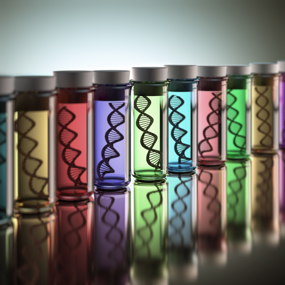 DNA strands in colorful test tubes